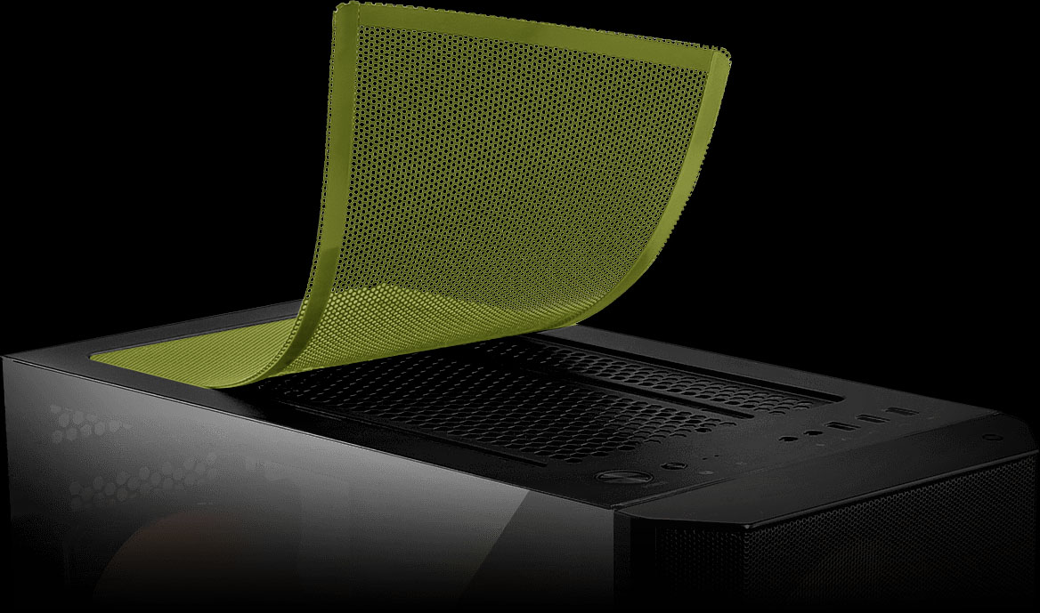 Un filtro de polvo magnético siendo removido de la parte superior de un gabinete de computadora MSI MAG FORGE M100A negro con una superficie superior perforada.
