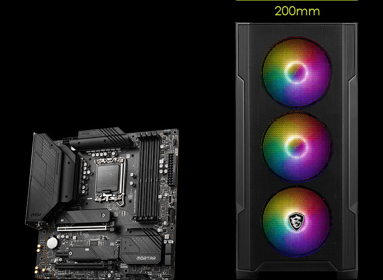 Una placa madre MSI MAG B760M MORTAR WIFI negra a la izquierda y la parte frontal de un gabinete de computadora MSI MAG FORGE M100A negro con tres ventiladores RGB, mostrando un ancho de 200mm, a la derecha, sobre un fondo negro.