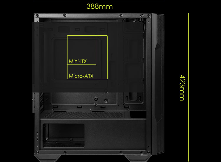 El interior de un gabinete de computadora MSI MAG FORGE M100A negro, mostrando las dimensiones de 388mm de ancho y 423mm de alto, con áreas resaltadas en amarillo indicando el soporte para placas madre Mini-ITX y Micro-ATX.