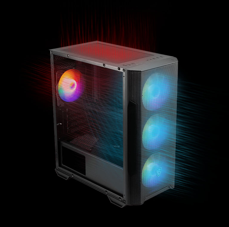 Un gabinete de computadora MSI MAG FORGE M100A negro con un panel lateral de acrílico, mostrando tres ventiladores frontales con iluminación azul y un ventilador trasero con iluminación roja, con flechas estilizadas que indican el flujo de aire.