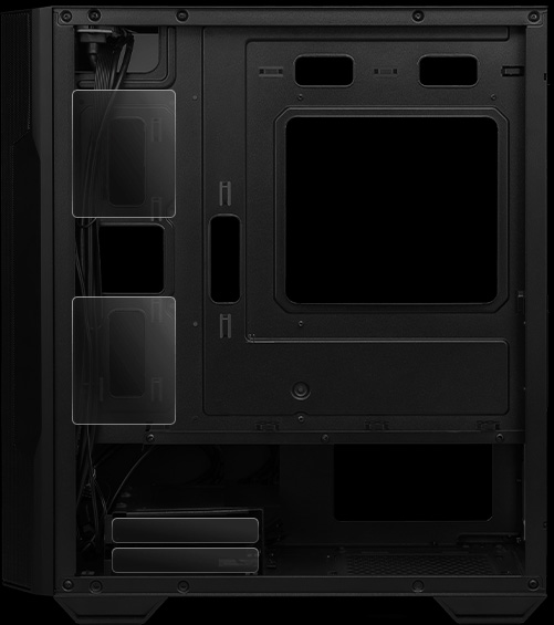 El interior vacío de un gabinete de computadora MSI MAG FORGE M100A negro, mostrando el espacio para almacenamiento.