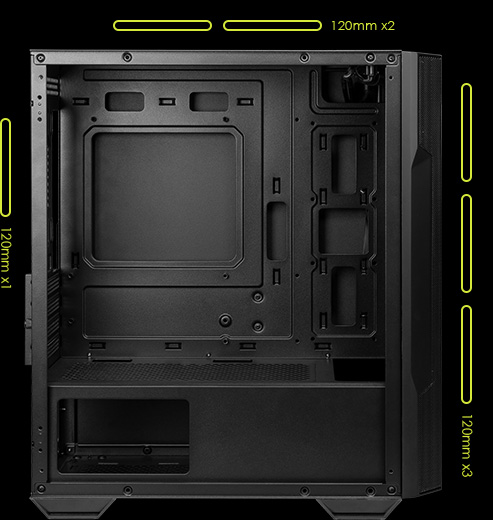 El interior vacío de un gabinete de computadora MSI MAG FORGE M100A negro, mostrando el espacio para una placa madre, ranuras de expansión y ubicaciones para ventiladores de 120mm en la parte frontal (x3), superior (x2) y trasera (x1), indicado con líneas amarillas y texto.