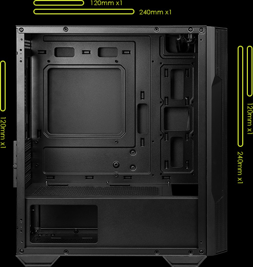 El interior vacío de un gabinete de computadora MSI MAG FORGE M100A negro, mostrando el espacio para una placa madre, ranuras de expansión y ubicaciones para radiadores de 120mm (x1 trasero, x1 superior, x1 frontal) y radiadores de 240mm (x1 frontal, x1 superior), indicado con líneas amarillas y texto.