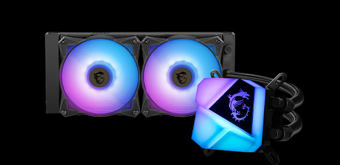 Un sistema de refrigeración líquida MSI MAG CORELIQUID C240, mostrando un radiador negro con dos ventiladores RGB y un bloque de CPU iluminado con el logo del dragón de MSI en blanco sobre un fondo con luces azules y rosas.