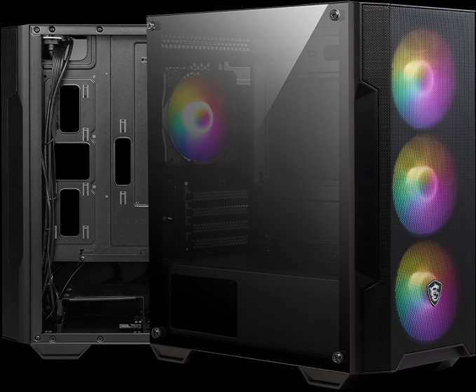 Un gabinete de computadora MSI MAG FORGE M100A negro, con el panel lateral abierto mostrando el interior y el panel frontal mostrando tres ventiladores RGB.