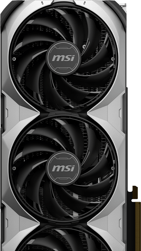 Placa de video MSI GeForce RTX™ 4080 16GB VENTUS 3X OC de frente en orientación vertical, mostrando los ventiladores