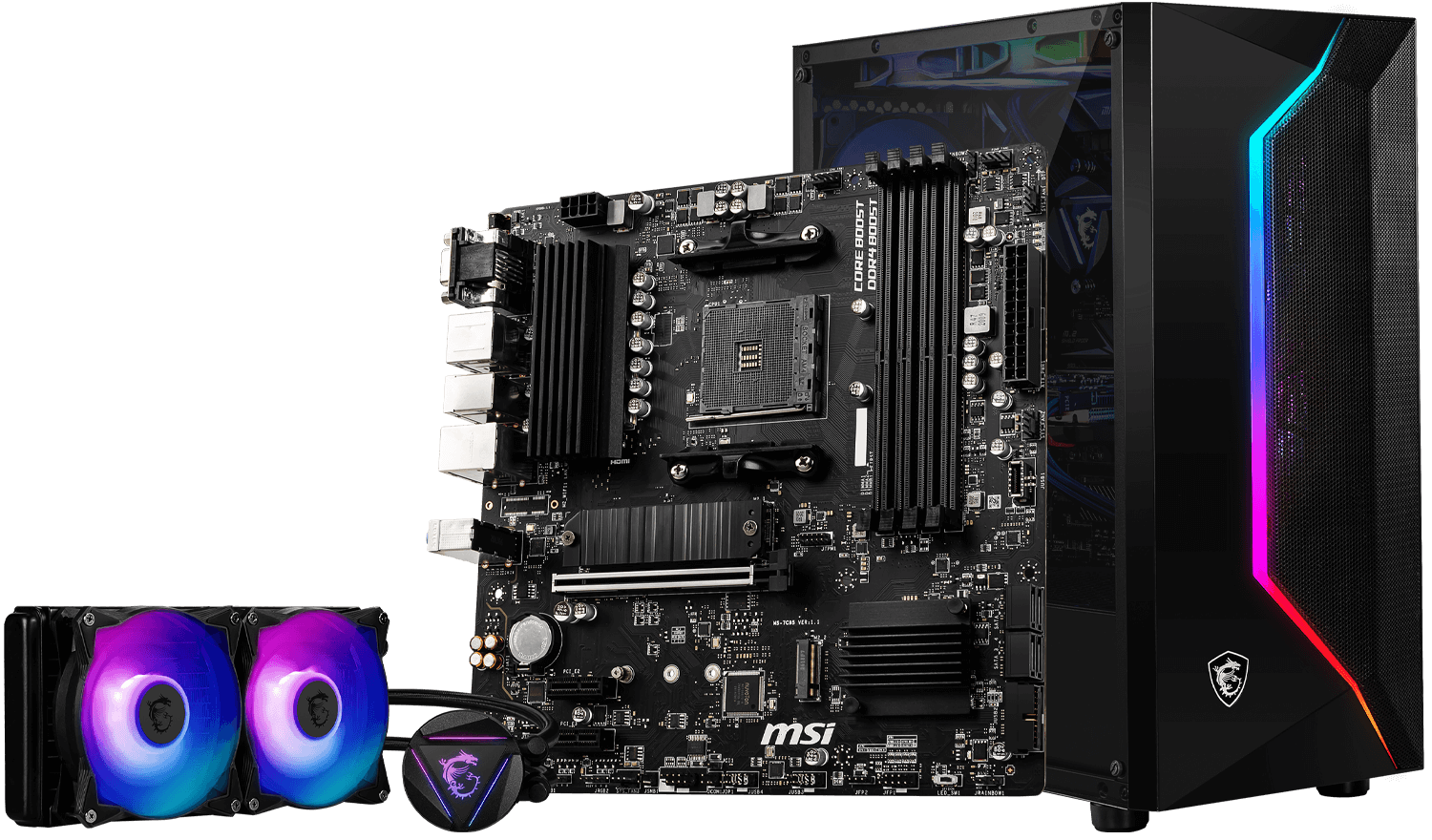 Gabinete gamer con iluminación RGB junto a la motherboard MSI B550M PRO-VDH y un sistema de refrigeración líquida con ventiladores ARGB