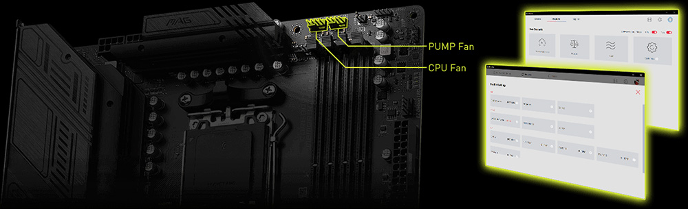 Detalle de una placa base MSI mostrando la conexión del ventilador de la bomba (PUMP Fan) y el ventilador del CPU (CPU Fan) del kit de refrigeración líquida MAG CORELIQUID E240, junto a dos ventanas que simulan la interfaz de control de velocidad y configuración de ventiladores.