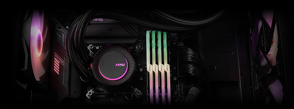 Vista interior de un PC mostrando el kit de refrigeración líquida MSI MAG CORELIQUID E240 instalado, destacando la bomba con iluminación ARGB montada en la CPU, los cuatro módulos de memoria RAM con ARGB y los ventiladores del gabinete.