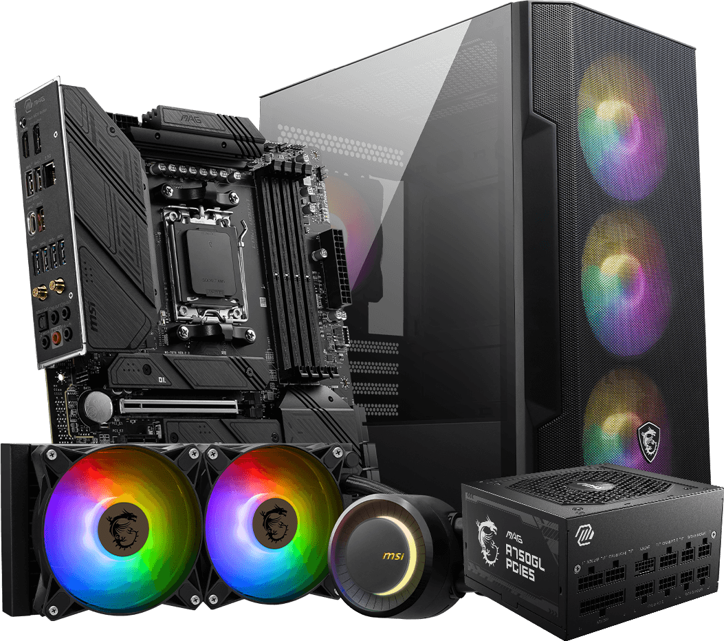 Presentación de componentes MSI que incluyen el kit de refrigeración líquida MAG CORELIQUID E240 (con bomba circular e iluminación ARGB), una fuente de alimentación MAG A750GL PCIE5, una placa base y un gabinete de PC con tres ventiladores ARGB frontales.