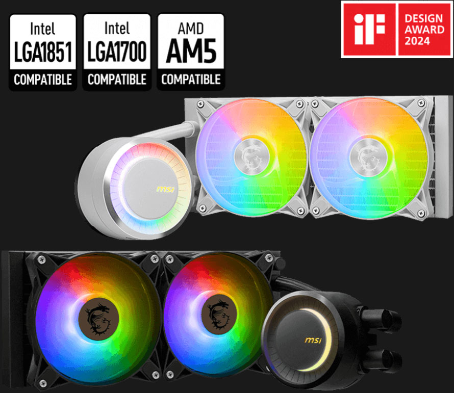 Vista dual de los kits de refrigeración líquida MSI MAG CORELIQUID E240 en colores blanco y negro, ambos con radiadores, ventiladores ARGB y bloques de CPU con iluminación. La imagen también destaca su compatibilidad con sockets Intel LGA 1851, LGA 1700 y AMD AM5, y el premio iF Design Award 2024.