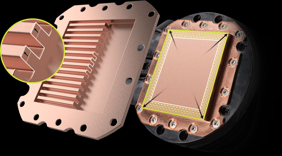 Vista detallada del diseño interno de la placa de contacto de cobre del bloque de la CPU del kit de refrigeración líquida MSI MAG CORELIQUID E240, mostrando las microcanales para la transferencia de calor y un aumento en el área de contacto.