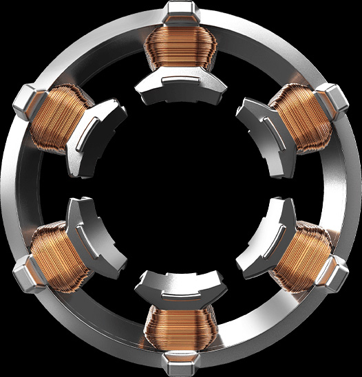 Renderizado del motor de la bomba del kit de refrigeración líquida MSI MAG CORELIQUID E240, mostrando un diseño trifásico con bobinas de cobre y un marco circular metálico.