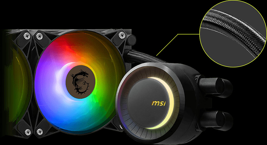 Primer plano del kit de refrigeración líquida MSI MAG CORELIQUID E240, mostrando la bomba iluminada con el logo de MSI, uno de los ventiladores ARGB con iluminación de arcoíris y un detalle magnificado del recubrimiento de malla trenzada de los tubos.