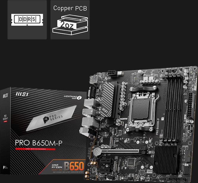 Motherboard MSI PRO B650M-P junto a su caja, con soporte para memoria DDR5 y PCB de cobre de 2oz.