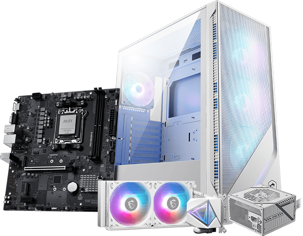 Gabinete gamer blanco con panel lateral de vidrio templado y ventiladores ARGB, junto a la motherboard MSI PRO B840M-B, un cooler líquido MSI blanco y una fuente de alimentación MSI.
