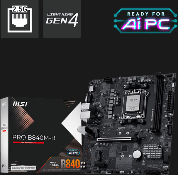 Motherboard MSI PRO B840M-B junto a su caja, con soporte para red 2.5G, tecnología Lightning Gen 4 y certificación Ready for AI PC.