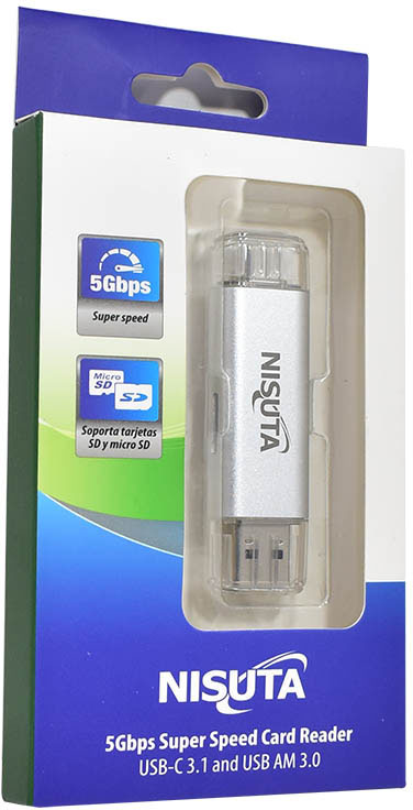 Lector de tarjetas SD/MicroSD con USB C 3.1 y AM 3.0 Nisuta (NSCRUC3) en su caja