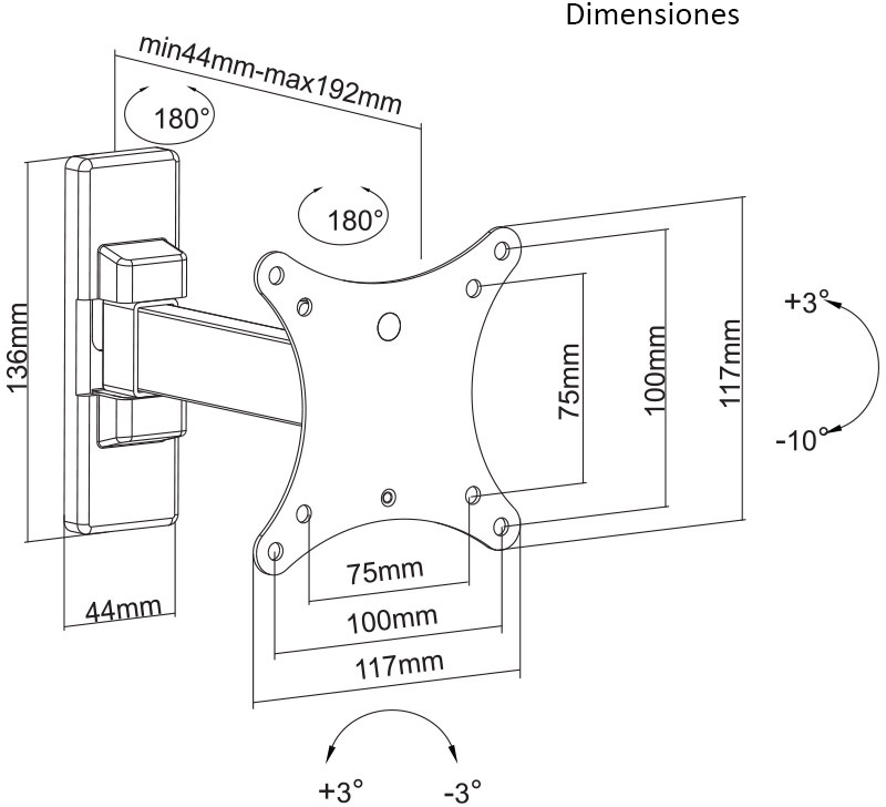 Diagrama de dimensiones del soporte para Monitor de 13 a 27 pulgadas hasta 15kg Nisuta (NSSOTV27L)