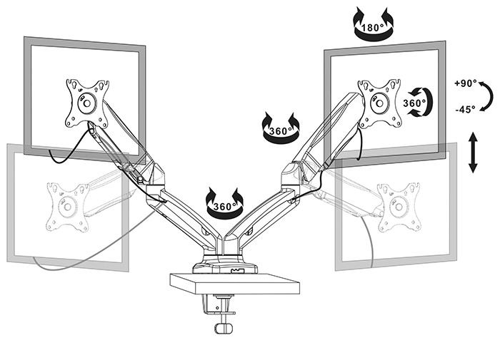 Diagrama con medidas de Desplazamiento vertical, horizontal y Rotación del Soporte doble de escritorio para pantallas de 17 a 32 pulgadas Nisuta (NSSOTVE2)