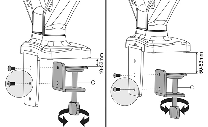 Diagrama con medidas del Grosor de escritorio sugerido para el montaje con abrazadera del Soporte doble de escritorio para pantallas de 17 a 32 pulgadas Nisuta (NSSOTVE2)