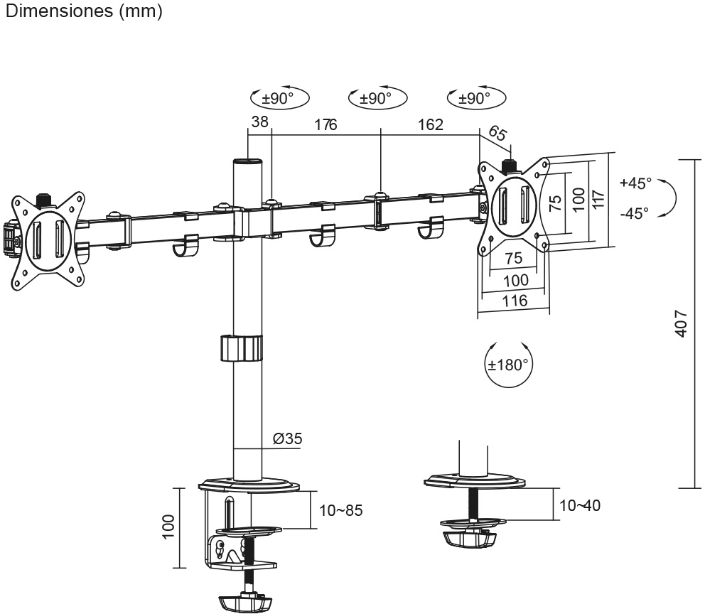 Diagrama de dimensiones del soporte de escritorio para 2 pantallas de 17 a 32 pulgadas Nisuta (NSSOTVEB2)