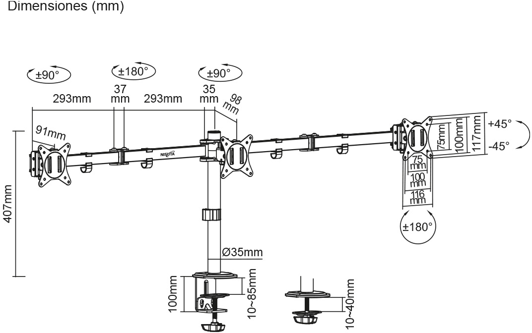 Diagrama de dimensiones del soporte de escritorio para 3 pantallas de 17 a 27 pulgadas Nisuta (NSSOTVEB3)
