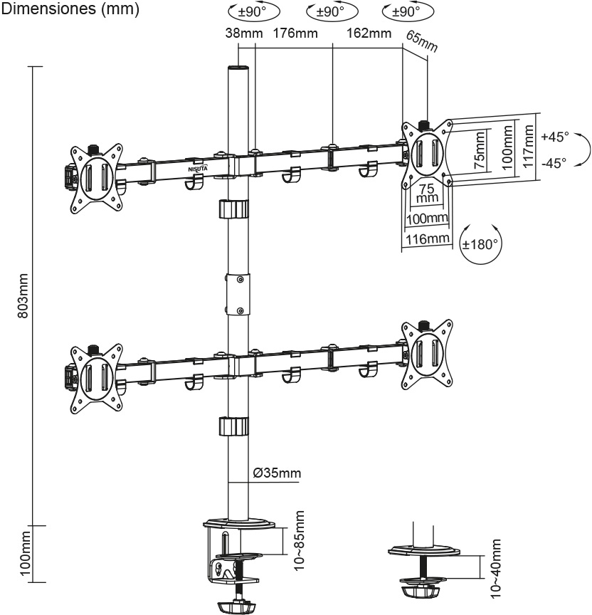 Diagrama de dimensiones del soporte de escritorio para 4 pantallas de 17 a 32 pulgadas Nisuta (NSSOTVEB4)