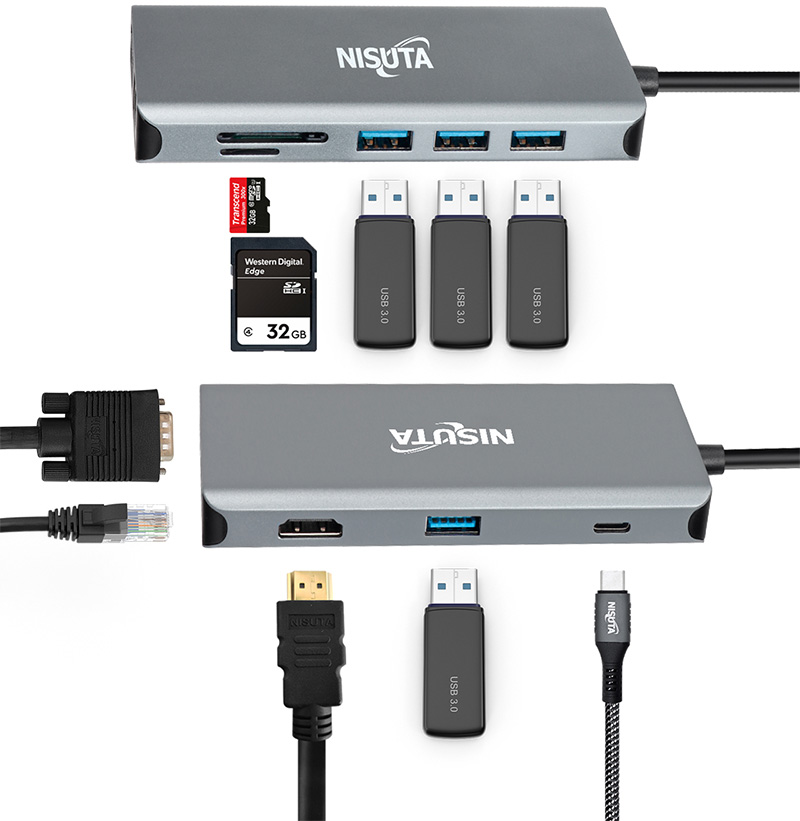 Docking USB C 3.1 a HDMI, VGA, Red, Hub USB, Audio, PD, lector tarjetas Nisuta NSUCD3