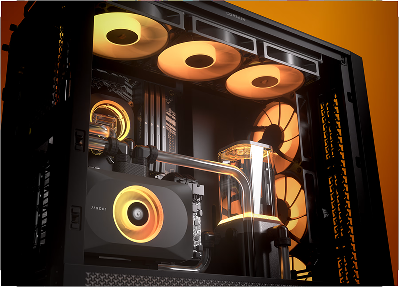 Interior de un gabinete Corsair FRAME 4000D RS ARGB con sistema de refrigeración líquida a medida y ventiladores iluminados con luz naranja cálida.