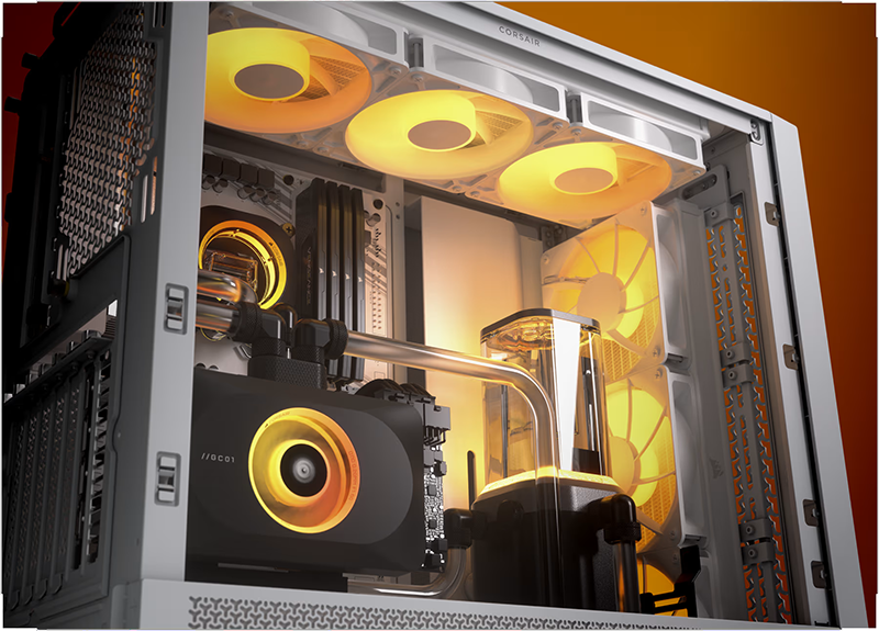 Interior de un gabinete Corsair FRAME 4000D RS ARGB de color blanco, con sistema de refrigeración líquida a medida y ventiladores iluminados con luz naranja cálida.