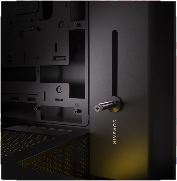 Detalle del interior de un gabinete Corsair FRAME 4000D RS Modular mostrando un sistema de montaje deslizante con un brazo de estabilización anti-sag para la GPU.