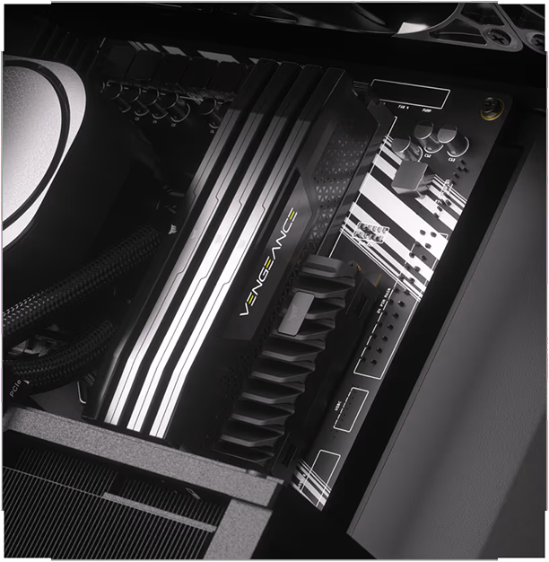 Primer plano del interior de una PC mostrando un módulo de memoria RAM Corsair Vengeance instalado en una placa base con diseño blanco y negro, junto a componentes de refrigeración y alimentación. dentro de un gabinete Corsair FRAME 4000D RS Modular