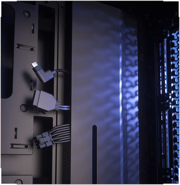 Vista lateral del interior de un gabinete Corsair FRAME 4000D RS Modular mostrando una organización ordenada del cableado, con conectores de alimentación y datos colocados sobre una cubierta vertical, iluminados por una tenue luz azul que resalta la textura del panel frontal.