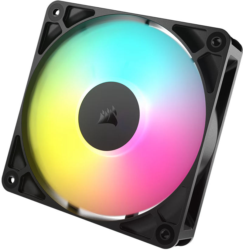 Ventilador RS120 ARGB de Corsair de color negro con aspas iluminadas en un degradado de rosa, azul, verde y amarillo.