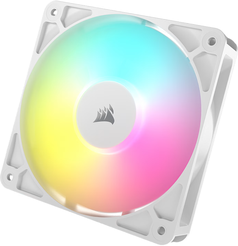 Ventilador RS120 ARGB de Corsair de color blanco con aspas iluminadas en un degradado de rosa, azul, verde y amarillo.