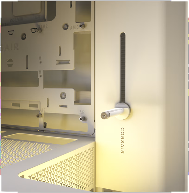 Detalle del interior de un gabinete Corsair FRAME 4000D RS ARGB de color blanco mostrando un sistema de montaje deslizante con un brazo de estabilización anti-sag para la GPU.