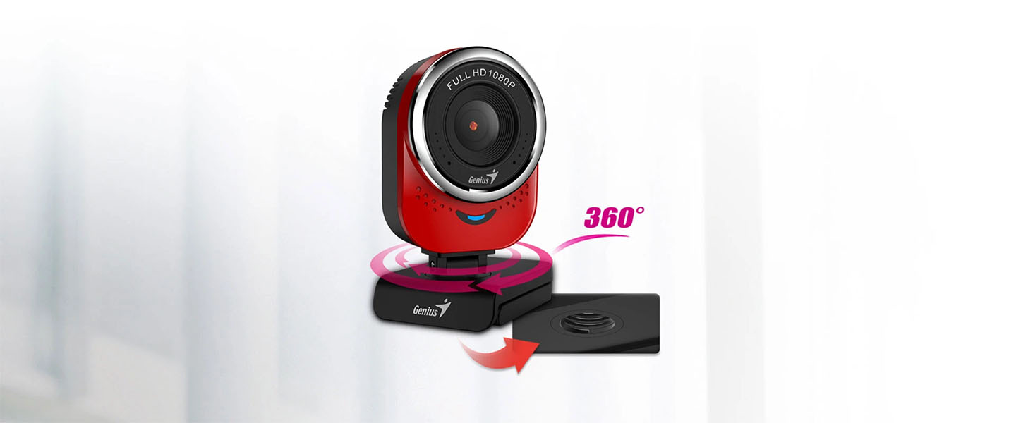 Webcam Genius QCam 6000 de color rojo y negro, mostrando flechas curvas rosadas indicando que la cámara gira 360 grados y cómo se puede conectar un trípode en la base