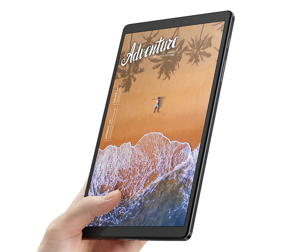 Vista frontal de la tablet Galaxy Tab A7 Lite en color Gris sostenida en una mano