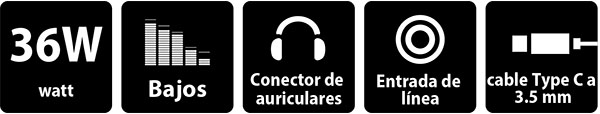 Íconos características principales, 36W, Bajos, Conector de auriculares, Entrada de línea, Cable Tipo C a 3,5 mm