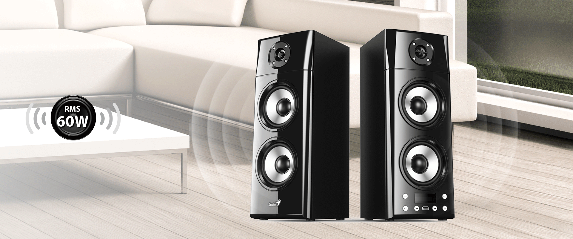 Parlantes Bluetooth® Genius SP-HF2800BT, con ondas sonoras a su alrededor