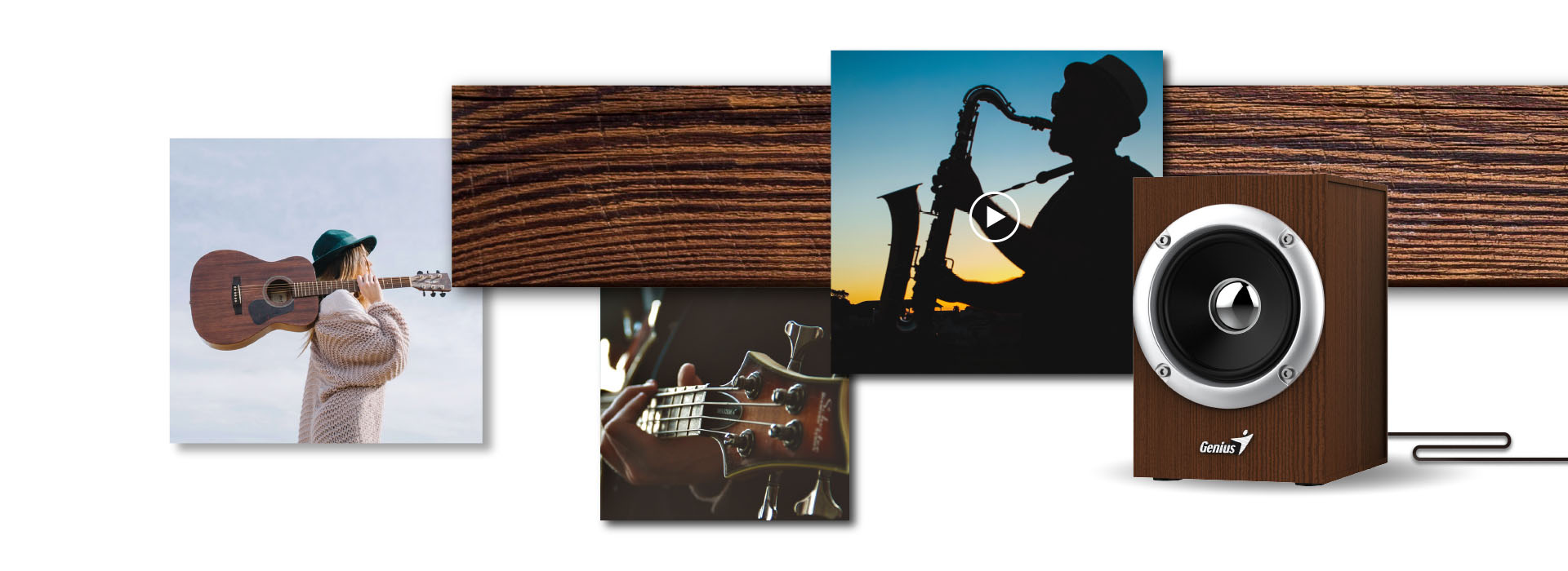La imagen muestra una composición de varios elementos relacionados con la música. A la izquierda, hay una persona de espaldas cargando una guitarra acústica sobre el hombro. En el centro, hay una textura de madera. A la derecha, hay una silueta de una persona tocando un saxofón al atardecer, con un ícono de reproducción de video superpuesto. En la parte inferior, hay un primer plano de una mano tocando un bajo eléctrico. A la derecha, hay un Parlante Genius SP-HF280 con acabado de madera.
