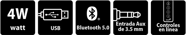 Íconos características principales, 4W, USB, Bluetooth 5.0, Entrada Aux de 3.5 mm, Controles en línea