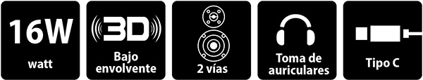 Íconos características principales, 16W, #D Bajo Envolvente, 2 Vías, Toma de auriculares, Tipo C