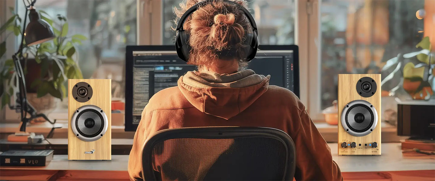 Persona con auriculares sentada frente a una computadora de escritorio, flanqueada por dos parlantes de madera Genius SP-HF520BT, en un entorno cálido y acogedor con luz natural y plantas de interior