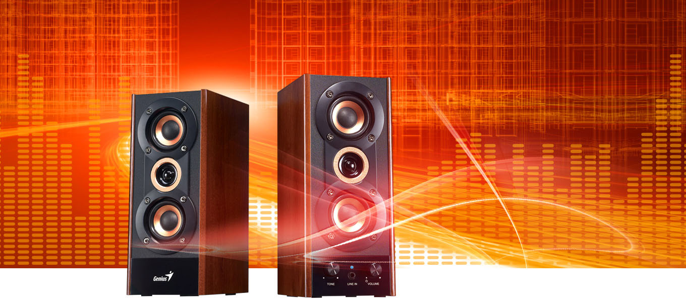 Parlantes Genius SP-HF800A II, con ondas sonoras de colores en su alrededor