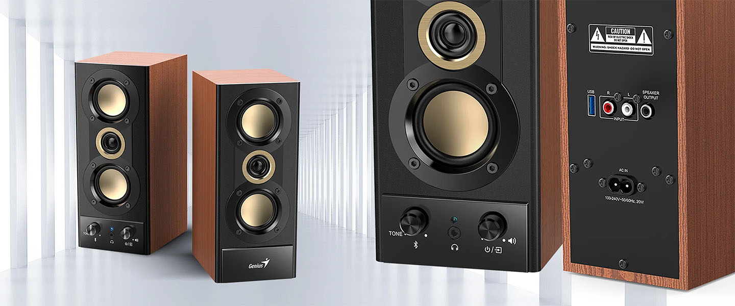 Parlantes Bluetooth® Genius SP-HF800BT, color madera, mostrando vista frontal con controles de tono, Bluetooth y volumen, y vista trasera con entradas USB, RCA, salida de parlante y conector de alimentación