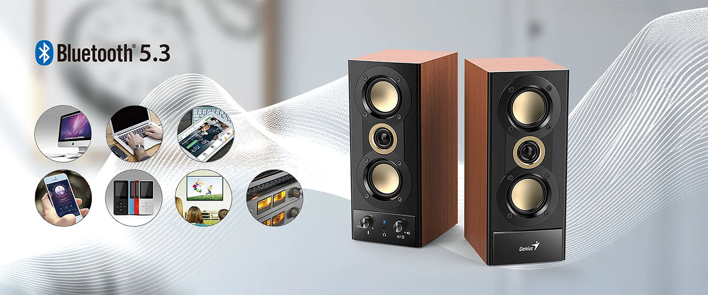 Parlantes Bluetooth® Genius SP-HF800BT, color maderam con conectividad Bluetooth 5.3, acompañados de íconos circulares que muestran compatibilidad con distintos dispositivos como computadoras, notebooks, celulares, reproductores multimedia y televisores