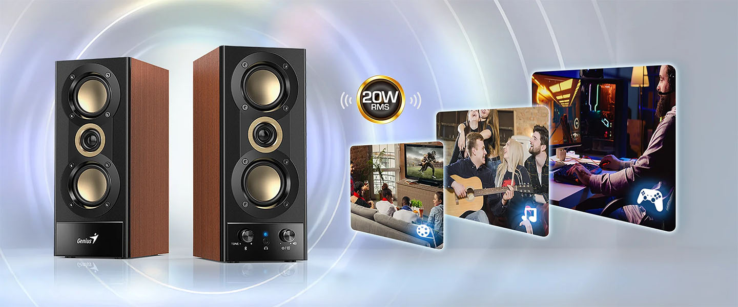 Parlantes Bluetooth® Genius SP-HF800BT, color madera, con potencia de 20W RMS destacados al centro, acompañados de imágenes que ilustran su uso ideal para ver películas, escuchar música y jugar videojuegos