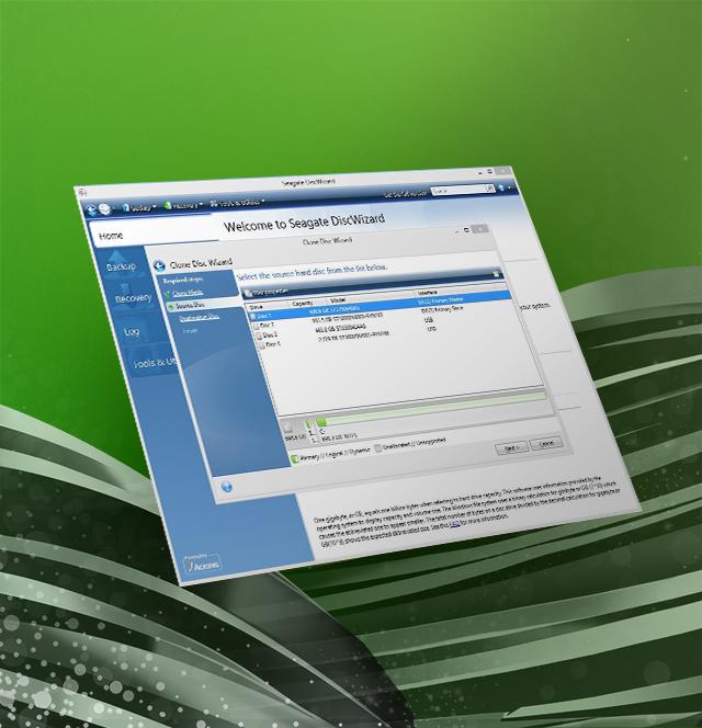 La imagen muestra una captura de pantalla del software Seagate DiscWizard. En la ventana principal, se puede ver la opción Clone Disc Wizard seleccionada en el menú de la izquierda. En el panel principal, se listan varios discos duros con sus respectivos tamaños y detalles. El fondo de la imagen es verde con un diseño abstracto de líneas y puntos.